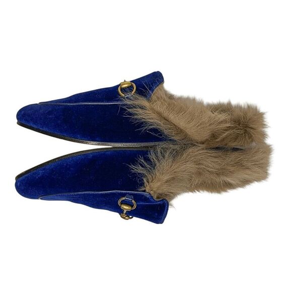 Gucci Princetown Fur Slipper EU 38 US 8 Blue Velvet Horsebit Mule Loafer Flats - Picture 4 of 10